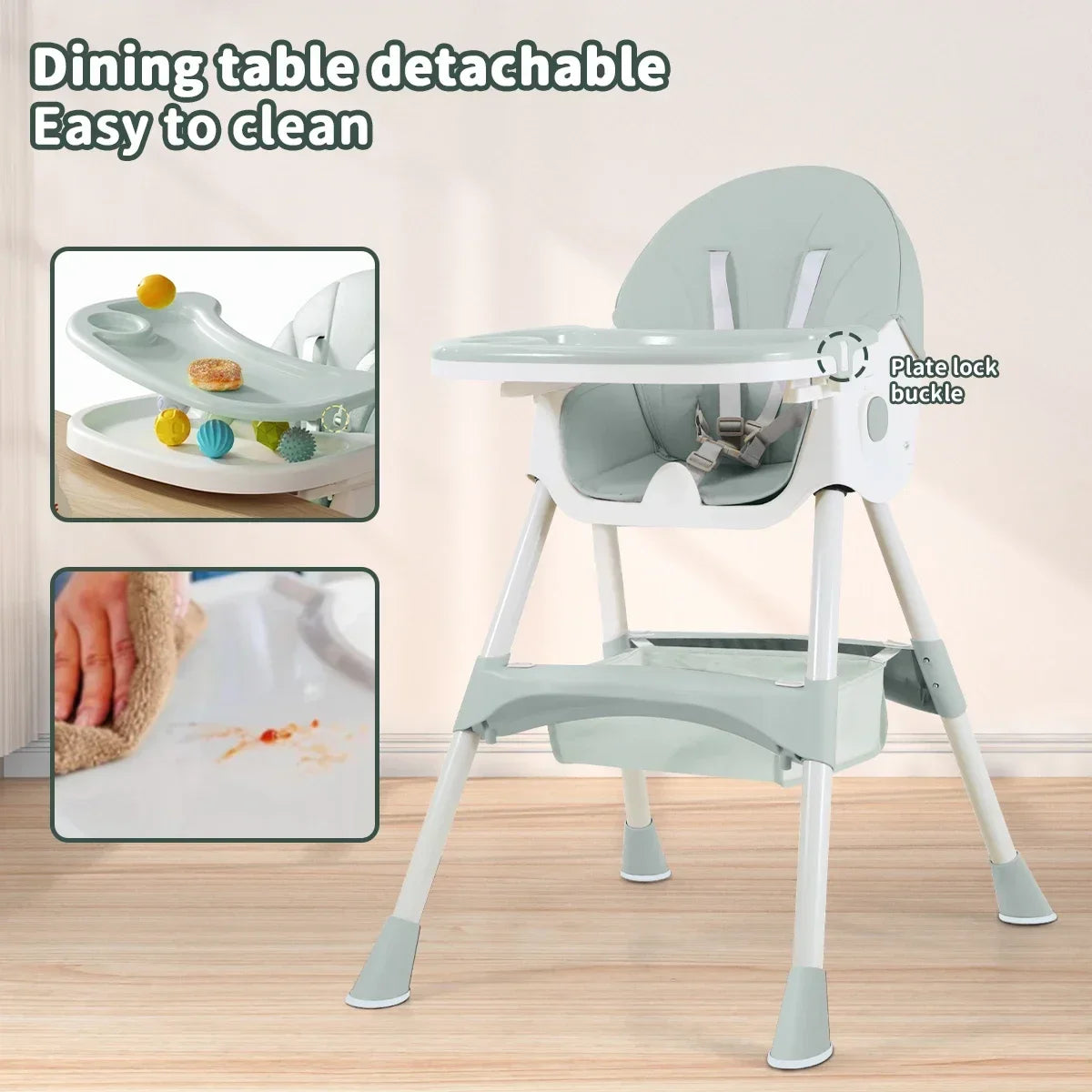 Foldable children's feeding chair, with multi-adjustable backrest, Can switch between high and low, Lightweight baby high chair