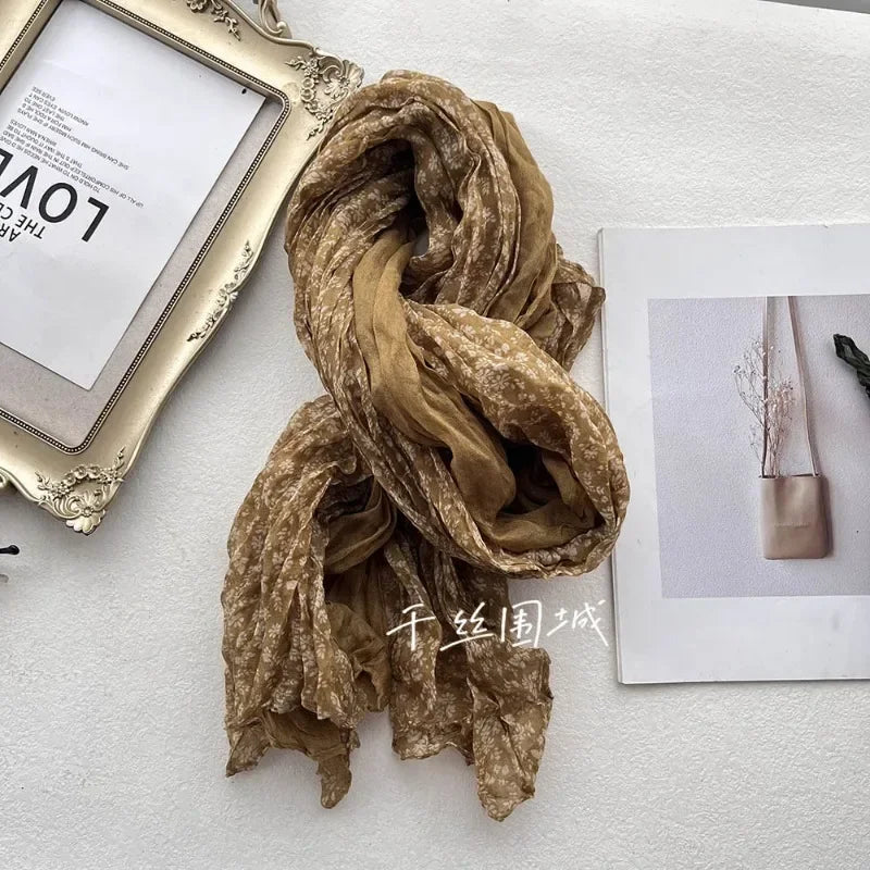 New Artistic Floral Retro Pleated Cotton Linen Scarf Thin Versatile Women's Scarves Paired Clothing Autumn Winter Fashion Trend