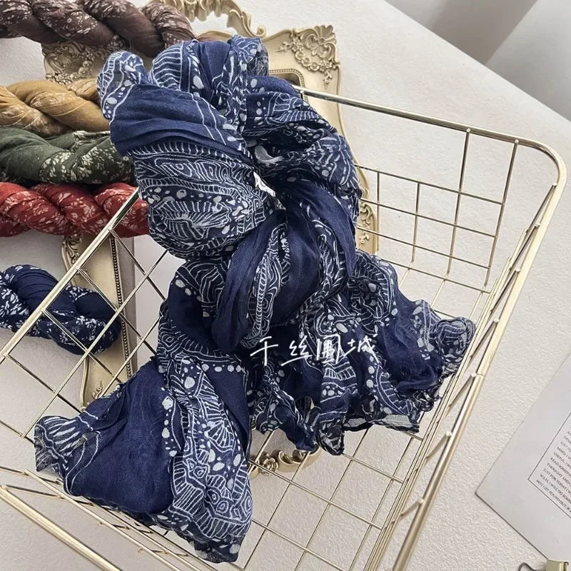 New Artistic Floral Retro Pleated Cotton Linen Scarf Thin Versatile Women's Scarves Paired Clothing Autumn Winter Fashion Trend