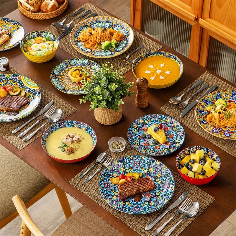 24 Piece Plates and Bowls Ceramic Dinnerware Set Stoneware Dinner/Dessert Plate Salad Soup Bowls Tableware Set