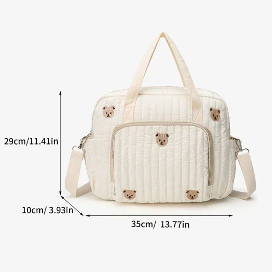Baby Diaper Bag Cute Bear Flower Embroidery Pattern Mommy Bag Baby Beige Cotton Fabric Zipper Diaper Handbag Luggage Bag