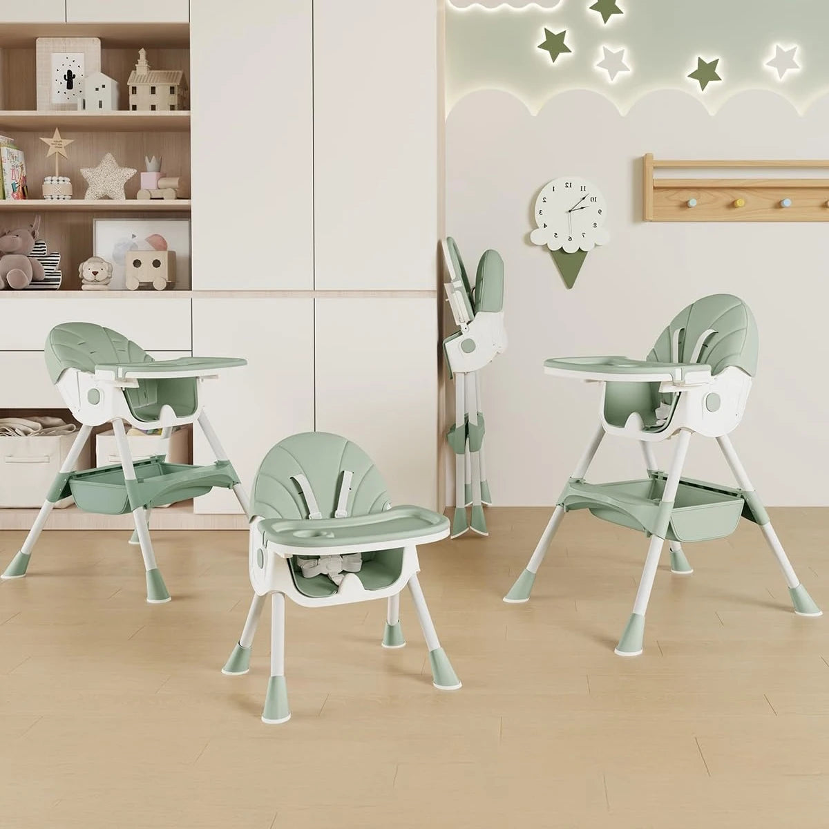 Foldable children's feeding chair, with multi-adjustable backrest, Can switch between high and low, Lightweight baby high chair