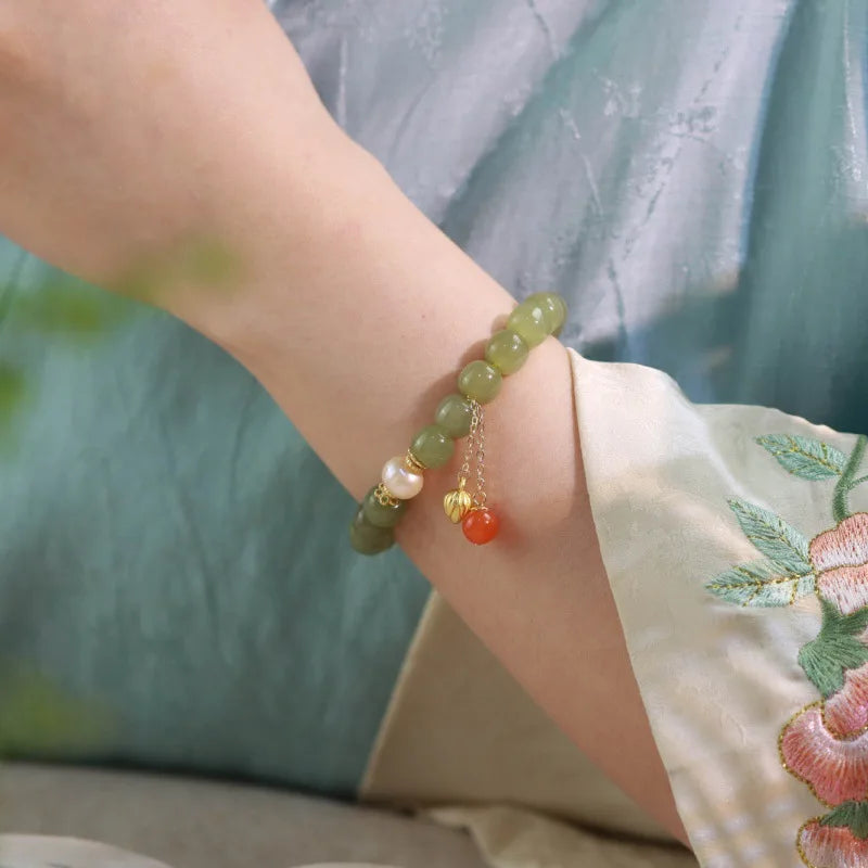 Natural Hetian Jade Buckle Bracelet Amulet Transfer Beads Bracelet for Women Girls Girlfriends Jewelry Blessing Gifts