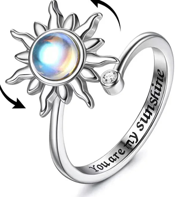 Sunflower Crystal Anxiety Relief Spinning Fidget Ring For Girls Rotate Freely Metal Copper Knuckle Ring Women'S Jewelry Gifts