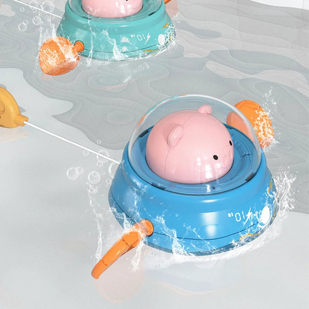 Baby takes a bath and plays in the water, Submarine, winding up animal chain, playing in the bathroom, children's toys