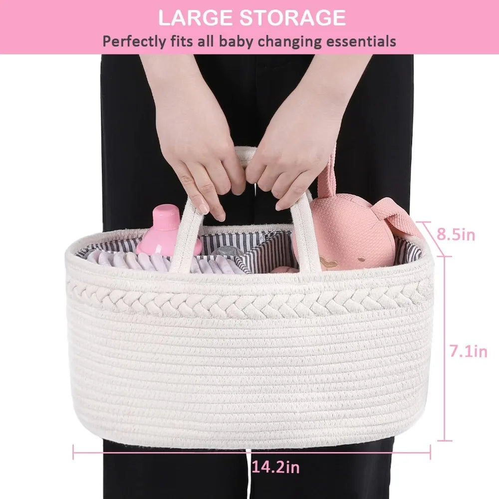 baby diaper caddy, nursery storage bin and car organizer for diapers and baby wipes, cotton rope diaper basket caddy, changing