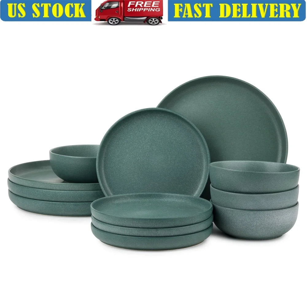 12 Piece Stoneware Dinnerware Set Microwave Dishwasher Safe Complete Dining Set Includes Dinner Plates Salad Plates Bowls