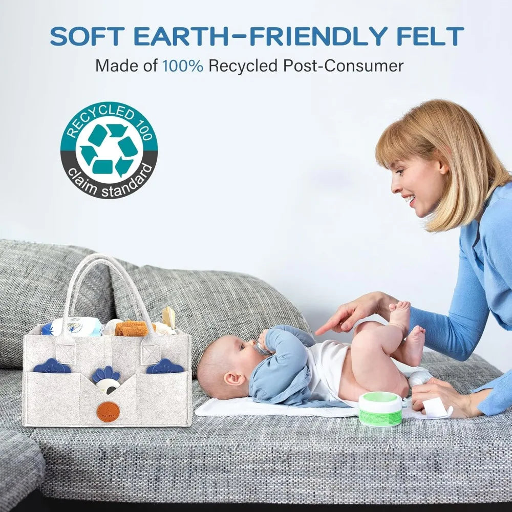 baby diaper caddy, nursery storage bin & car organizer with handle, large felt bag for newborn essentials boy or girl, changing