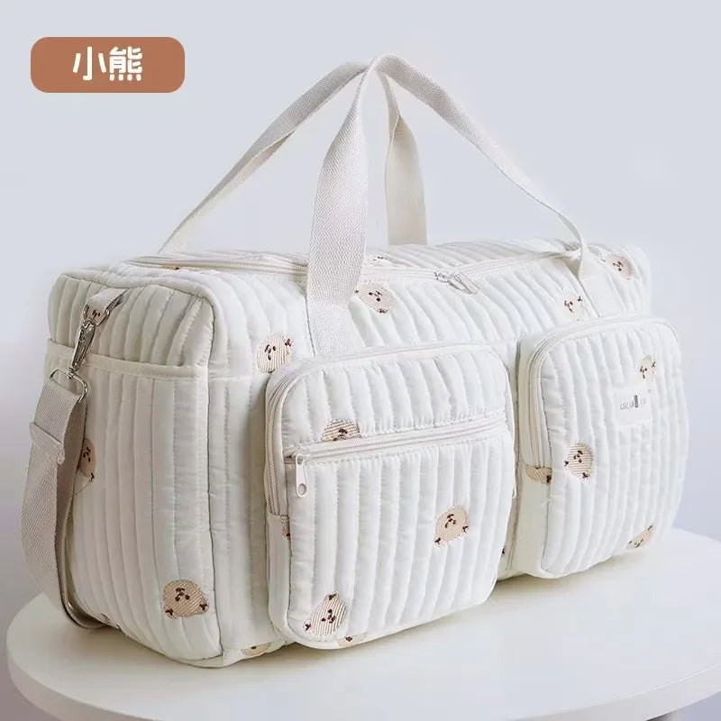 Baby Diaper Bag Cute Bear Flower Embroidery Pattern Mommy Bag Baby Beige Cotton Fabric Zipper Diaper Handbag Luggage Bag