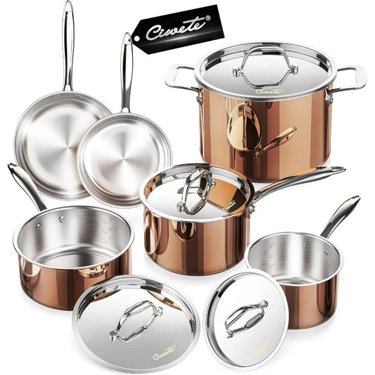 Whole 3 ply 18 10 Stainless Steel Pot and Pan Set 10 Piece Copper Pots and Pans Set with Stainless Steel Lid Induction Cookwar