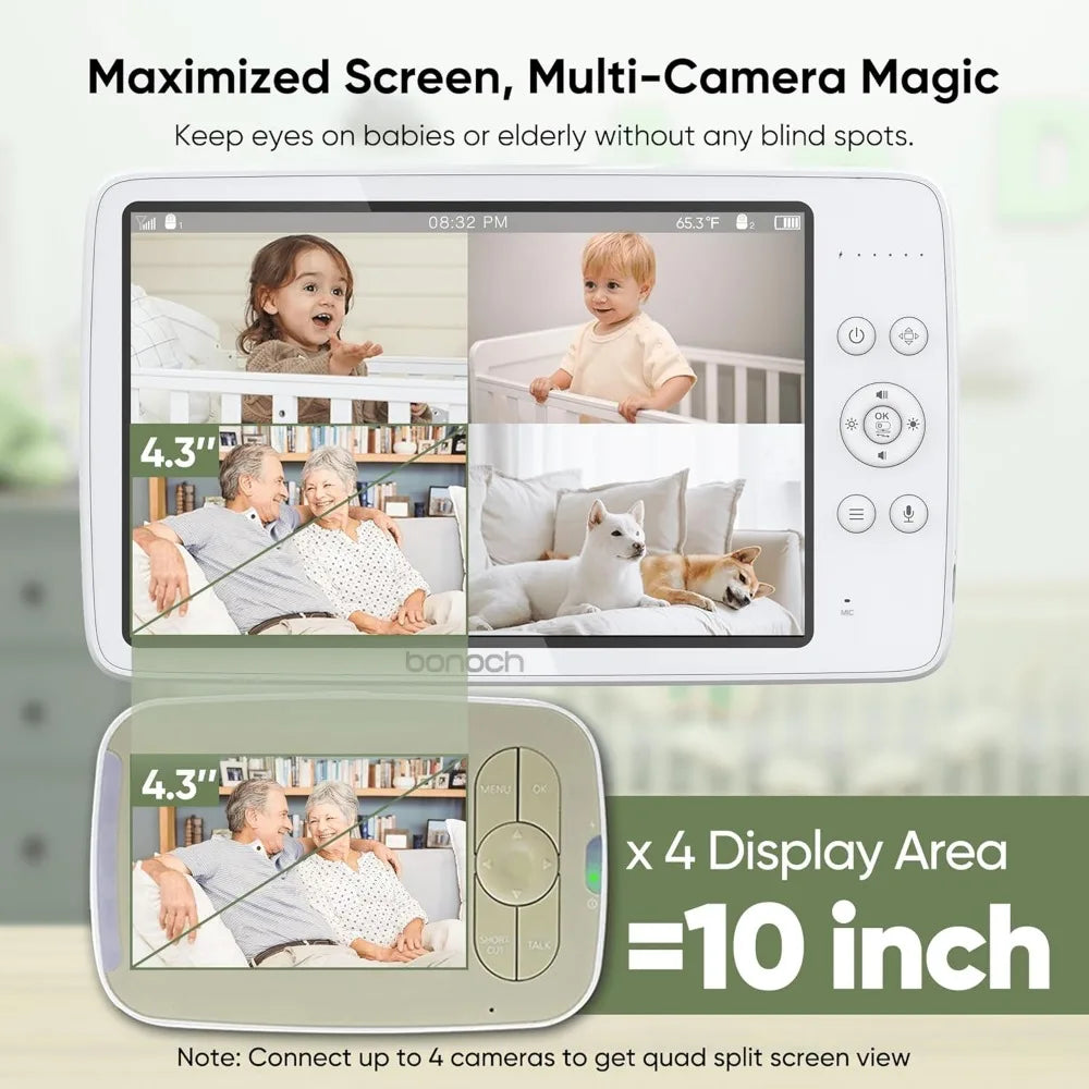 MegaView Baby Monitor, 10" Video Monitor with 2 Cameras, 10000mAh Battery, Quad Split Screen Baby Monitor with Camera and Audio
