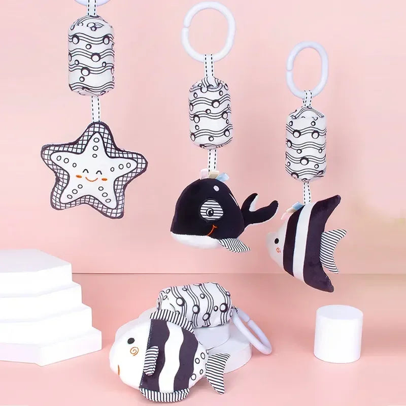 Stroller Bed Hanging Bell Plush Doll Baby Infant Rattles Newborn Black White Visual Grab Ability Training Toys