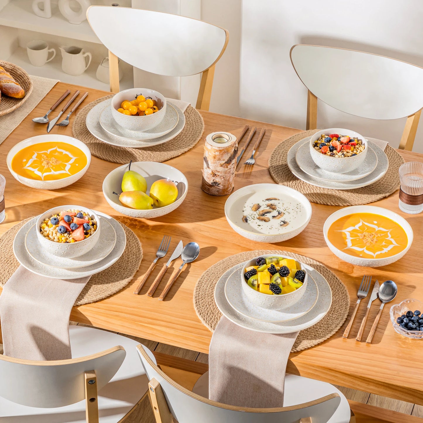 MALACASA LYDIA 16/32 Piece Stoneware Plates Dinner Set White Embossment Dinnerware Set with 6pcs Dinner plate/Dessert/Bowl/Soup