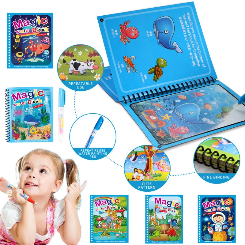 Children Learning  Education Toy Magic Water Book with Pen Baby Montessori Toys Drawing Coloring Books for Kids 2 to 4 Years Old