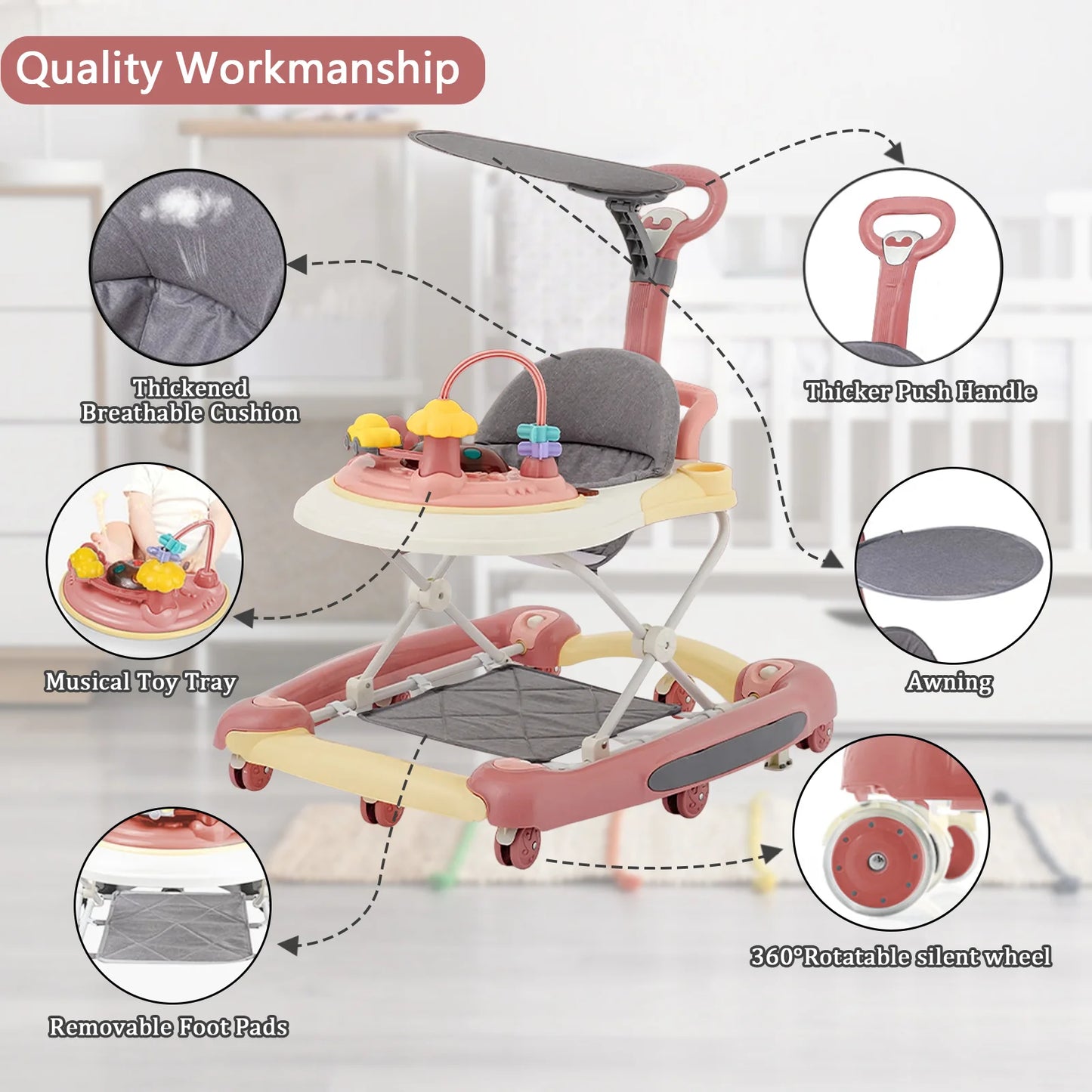 Baby Walker With Sunshade and Seat Multifunctional Kids Anti-Rollover Adjustable Rocking Stroller Mother Baby Supplies Toys 2025