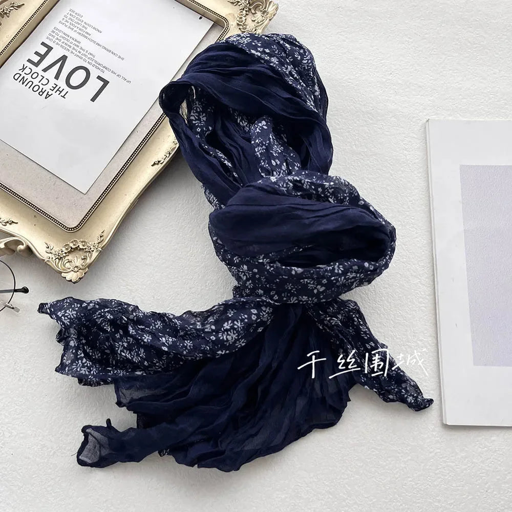 New Artistic Floral Retro Pleated Cotton Linen Scarf Thin Versatile Women's Scarves Paired Clothing Autumn Winter Fashion Trend