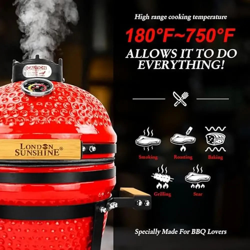 Portable Ceramic BBQ Kamado Grill 13 inch with Thermometer and Bamboo Handles Easy Assembly Smoking Baking and Grilling Ideal