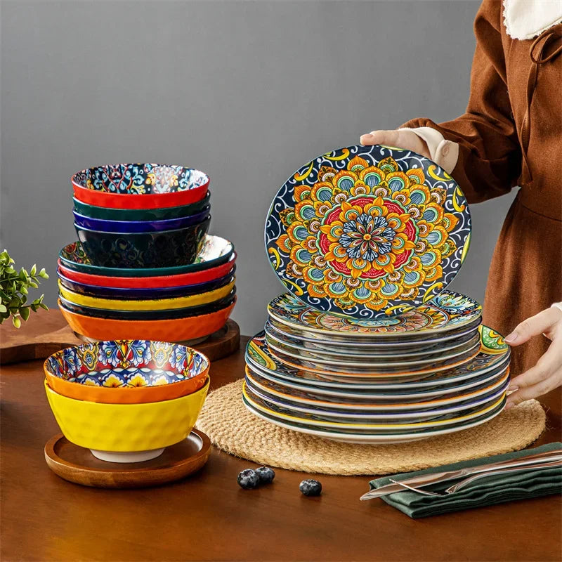 24 Piece Plates and Bowls Ceramic Dinnerware Set Stoneware Dinner/Dessert Plate Salad Soup Bowls Tableware Set