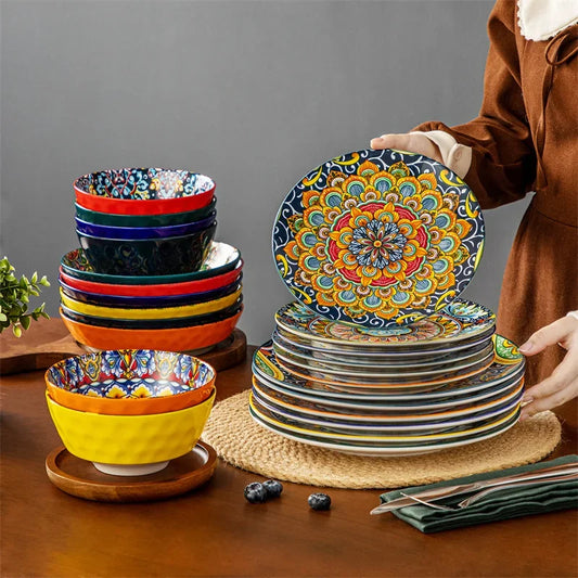 24 Piece Plates and Bowls Ceramic Dinnerware Set Stoneware Dinner/Dessert Plate Salad Soup Bowls Tableware Set