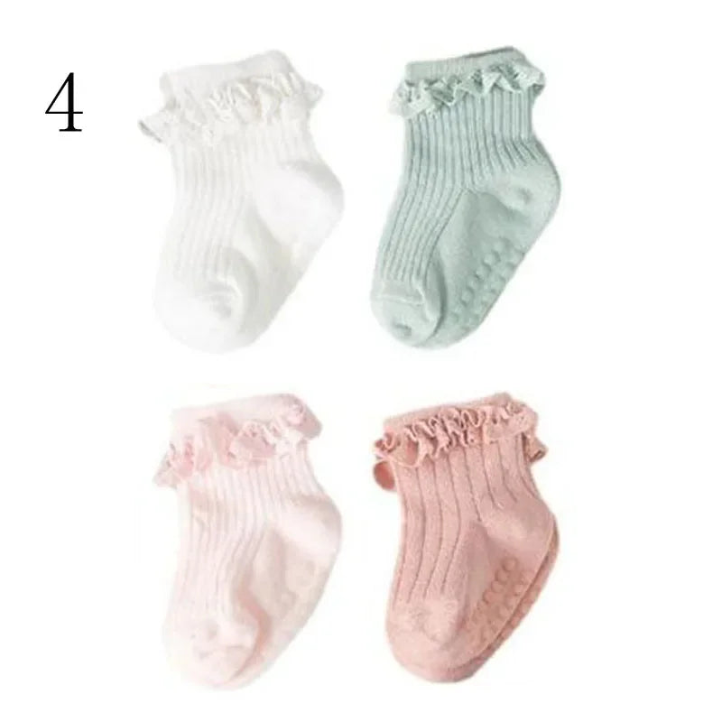 4 Pair new baby children's non-slip autumn winter cotton socks solid color baby foot socks