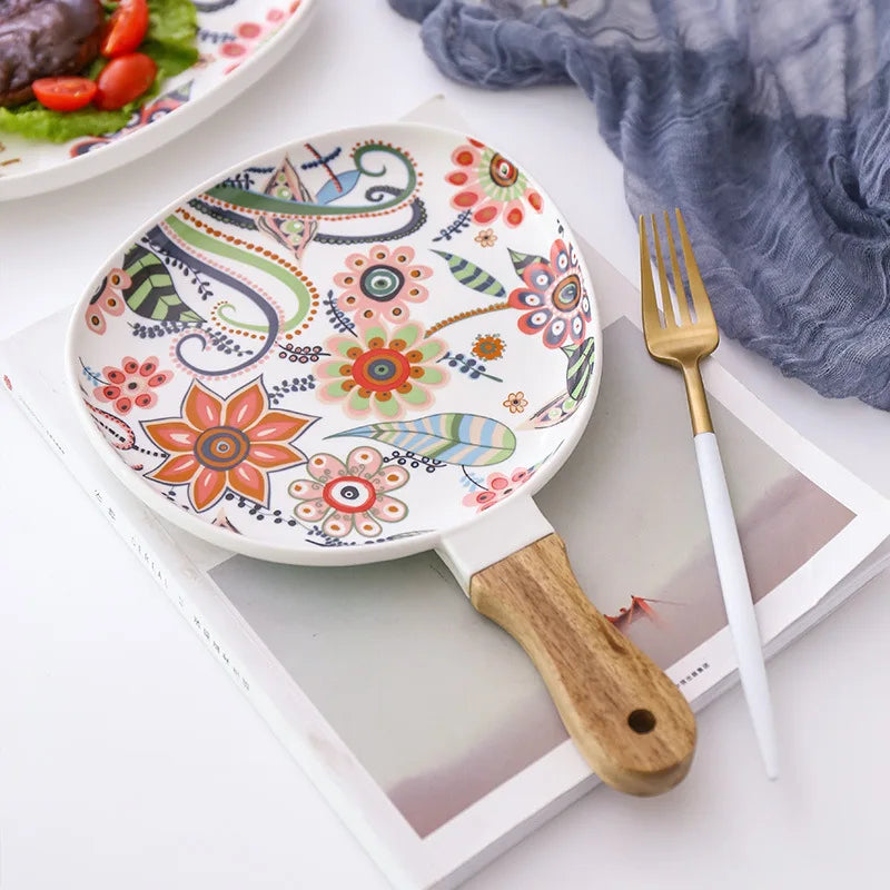 Oval dinner plate high temperature matte glaze acacia wood handle ceramic plate steak plate Western food plate pasta plate