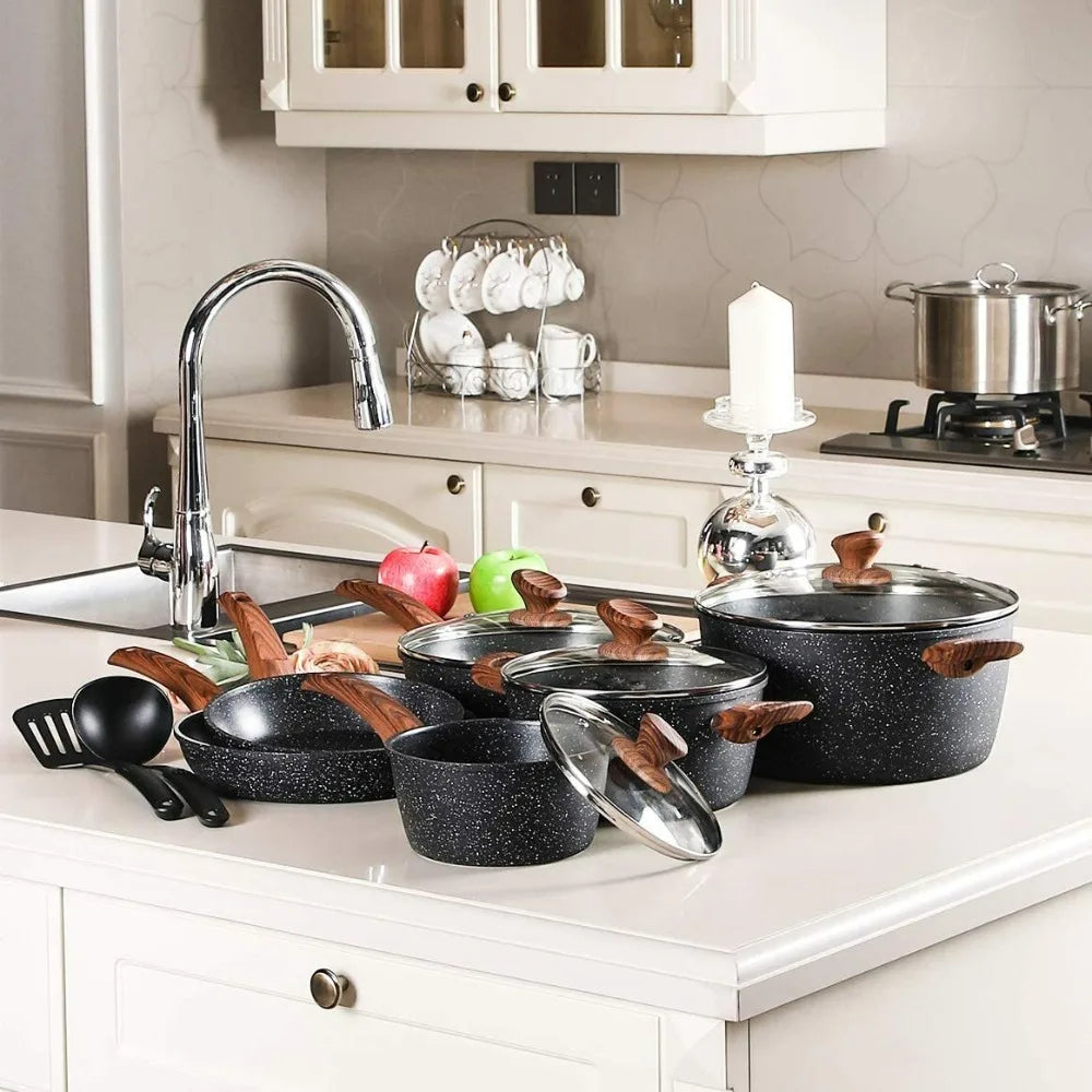 12 Pieces Kitchen Pots & Pans Set Nonstick Cookware Set Granite Coated w/ Lid