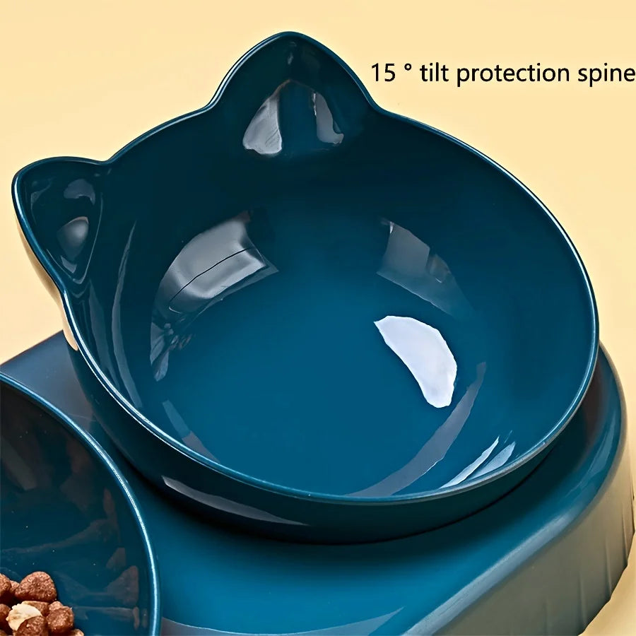 Pet Bowls With Water Feeder, 3 In 1 Cat Ear Design Tilted Cat Water And Food Bowl Set With Gravity Water Bottle For Continuous Dispensing