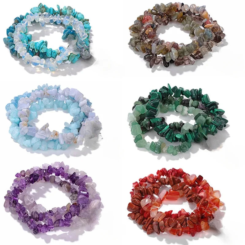 3pcs/set Natural Crystal Gem Stone Bracelet 5-8mm Irregular Amethysts Aquamarine Chips Beads Bracelets Women Men Elastic Jewelry