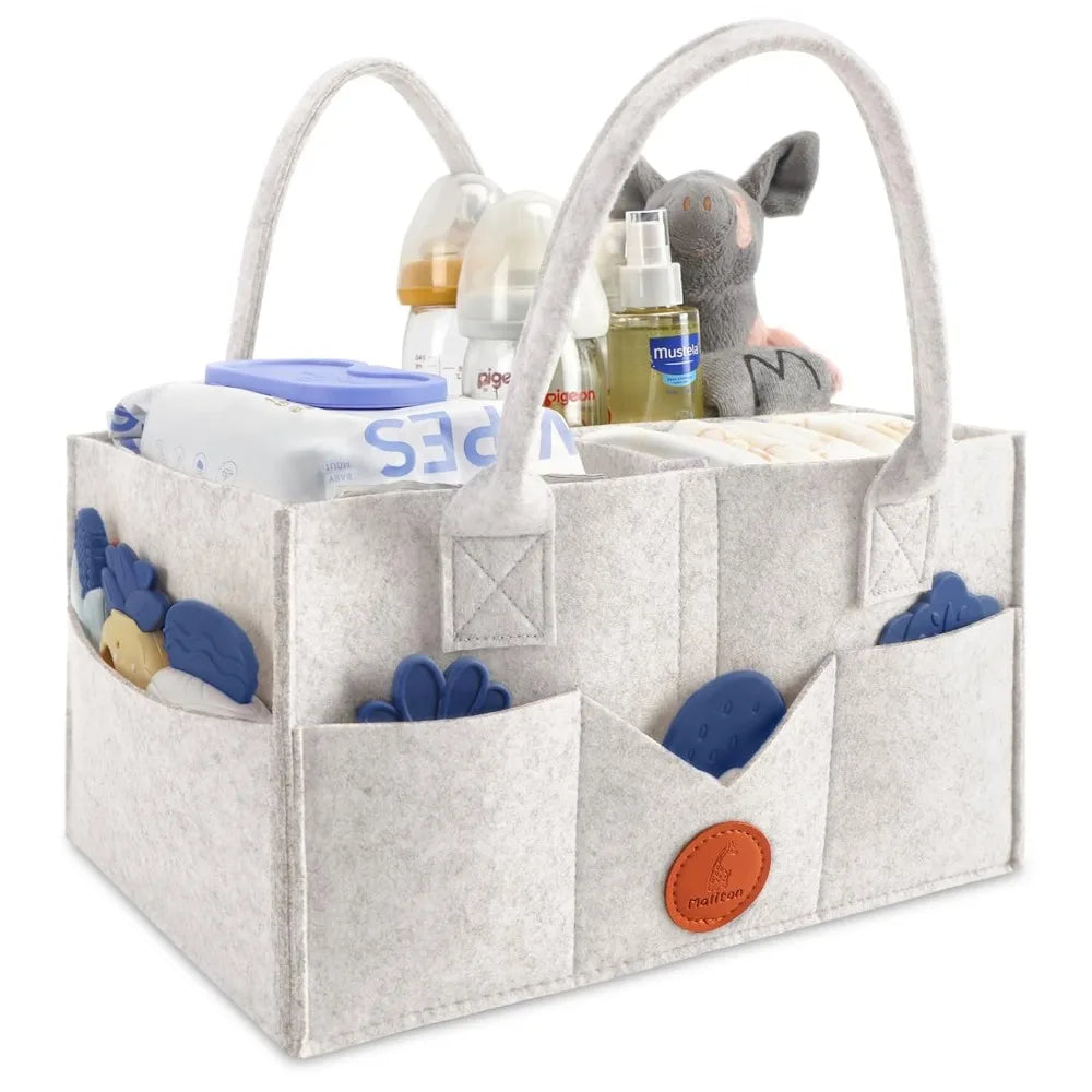 baby diaper caddy, nursery storage bin & car organizer with handle, large felt bag for newborn essentials boy or girl, changing