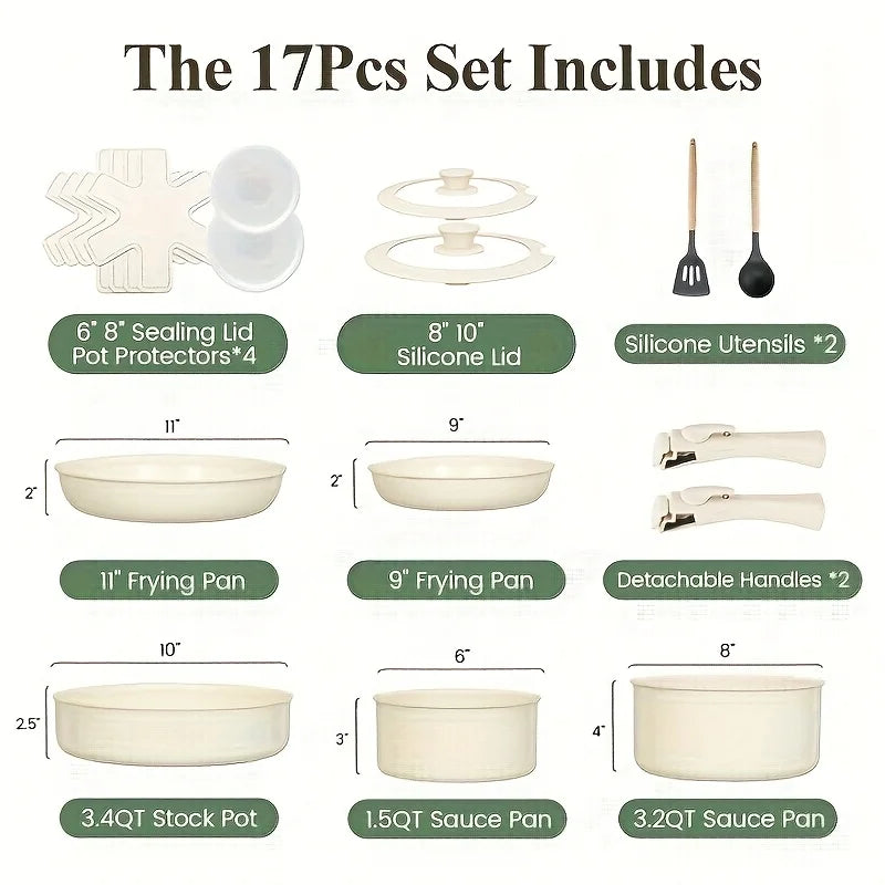 17pcs Ceramic Nonstick Kitchen Pots And Pans Set Cookware Sets With Removable Handles, Non-toxic Essential RV Kitchen Set