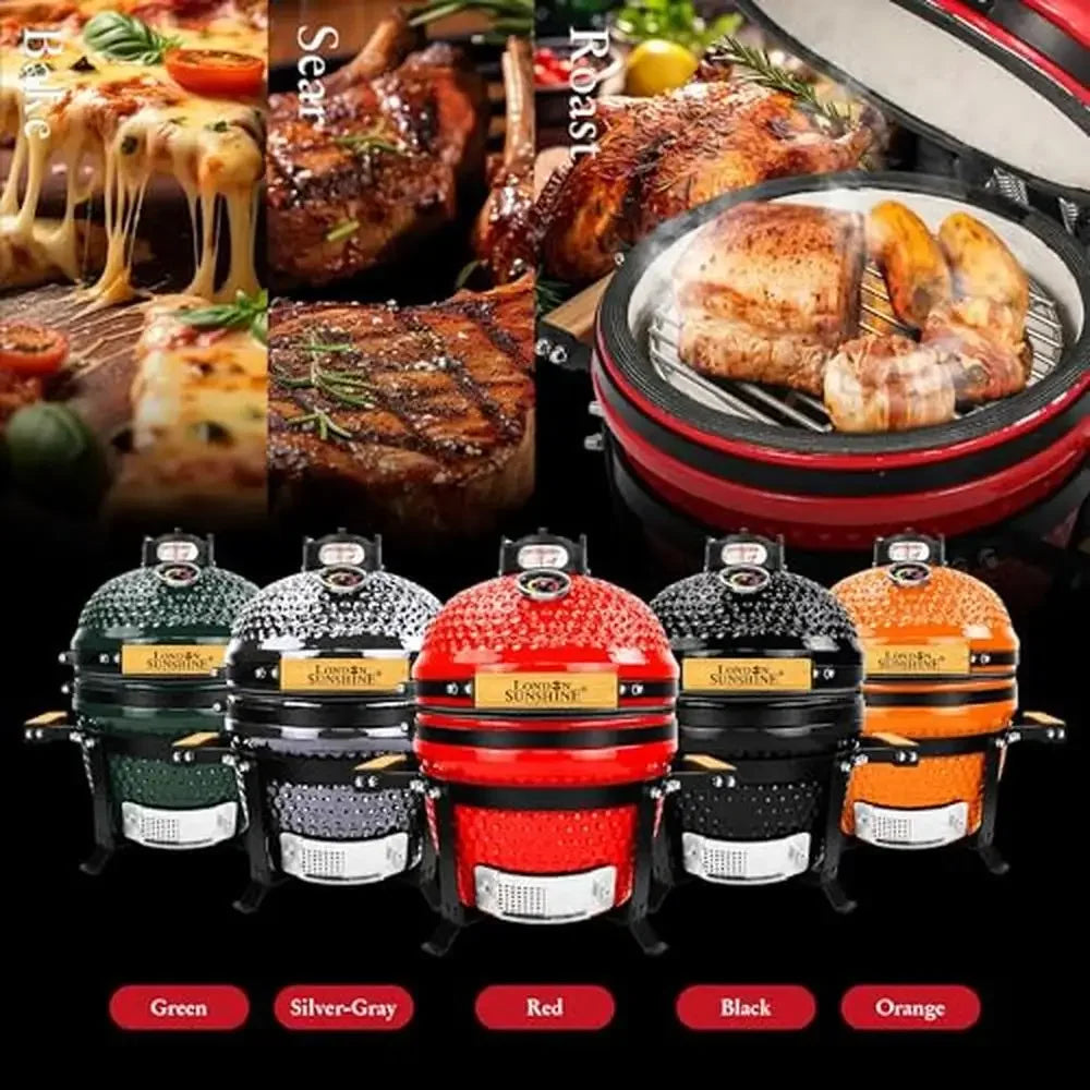 Portable Ceramic BBQ Kamado Grill 13 inch with Thermometer and Bamboo Handles Easy Assembly Smoking Baking and Grilling Ideal