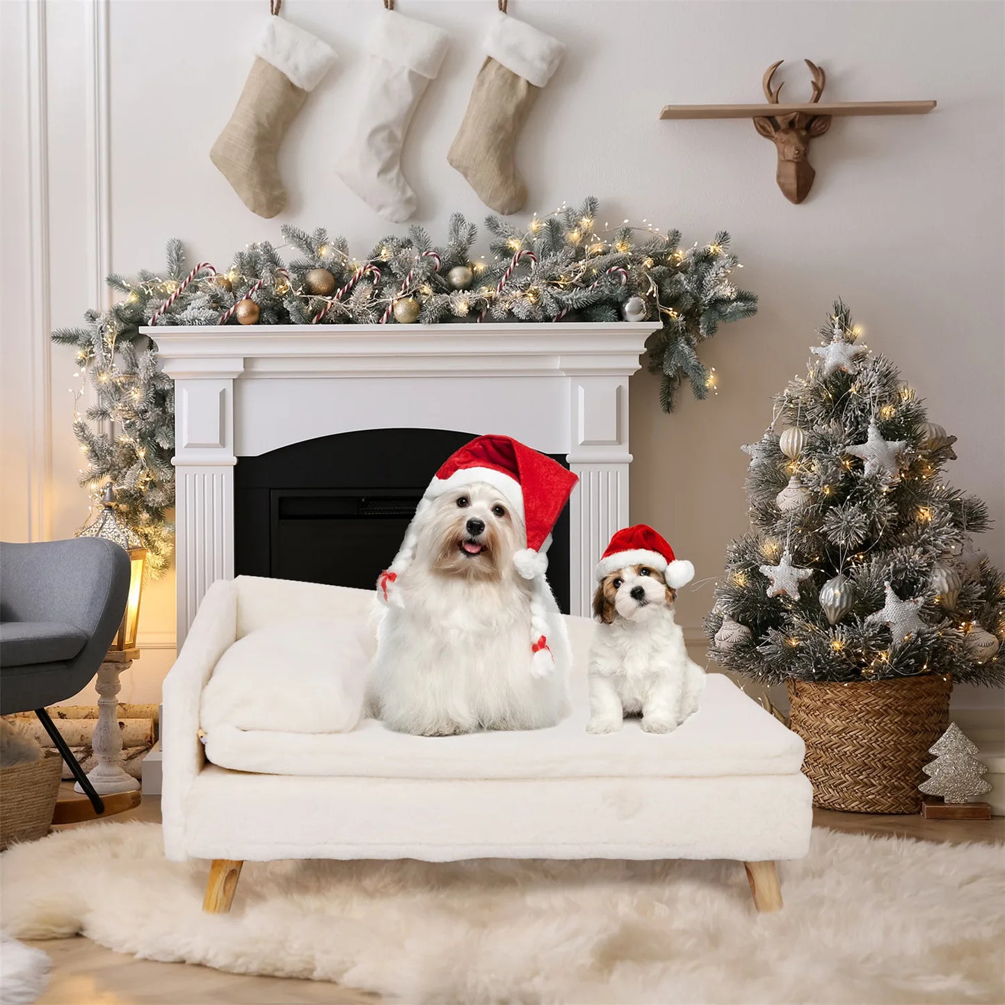 Elevated Pet Bed Pet Stool Bed with Cozy Pad Pet Sofa Bed with Sturdy Wood Legs for Small Animals