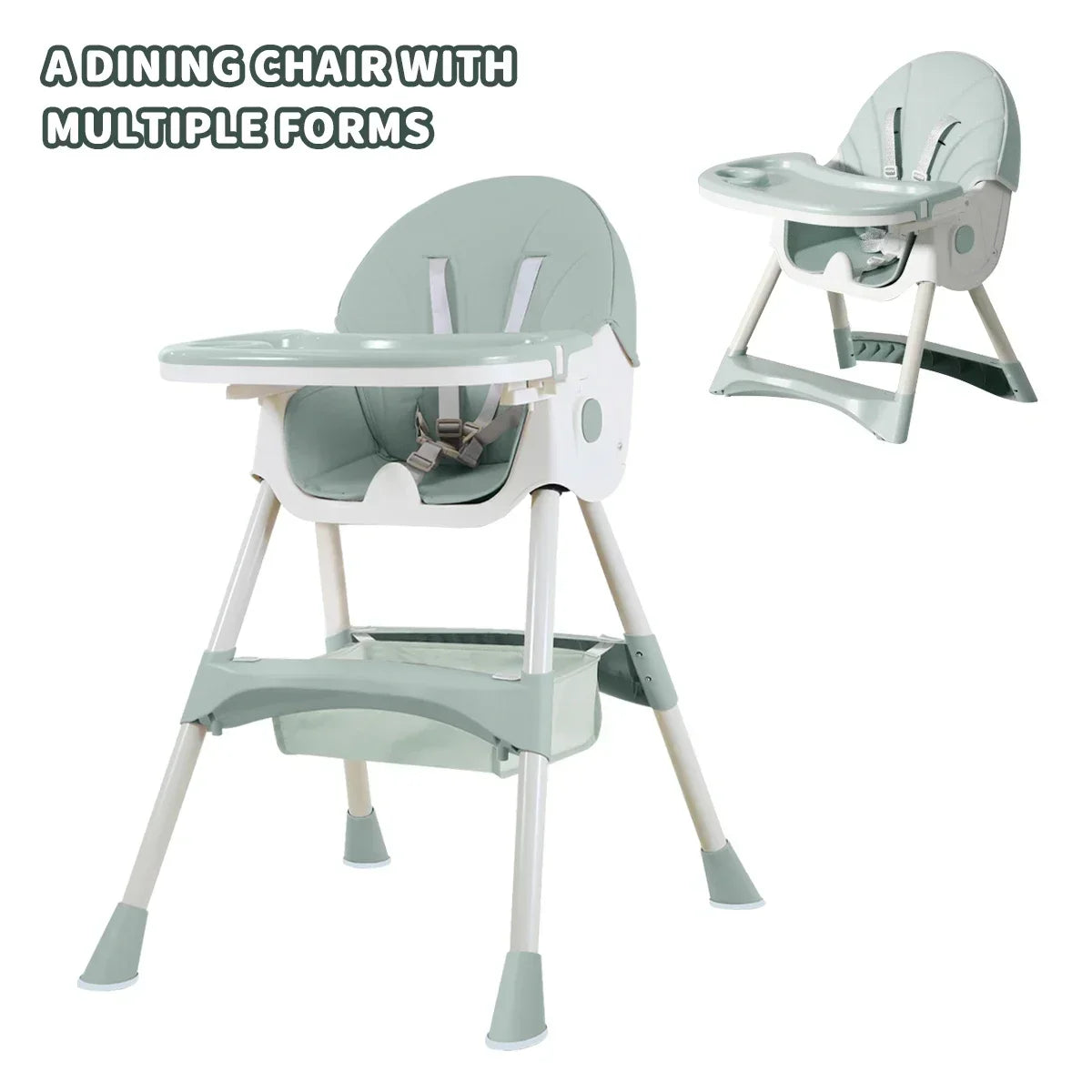 Foldable children's feeding chair, with multi-adjustable backrest, Can switch between high and low, Lightweight baby high chair