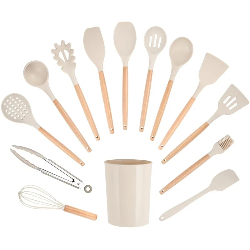 14pcs Kitchen Cooking Utensil Set with Caddy Heat Resistant Silicone Tools Non Stick Cookware Food Safe BPA Free Dishwasher Safe