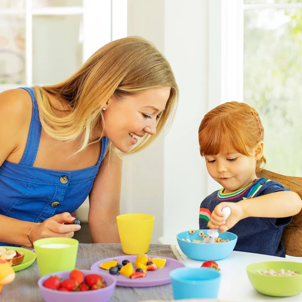 12 Piece Toddler Multi Dining Set BPA Free Stackable Plates Bowls Cups Lightweight Perfect Kids Feeding Meals Snacks