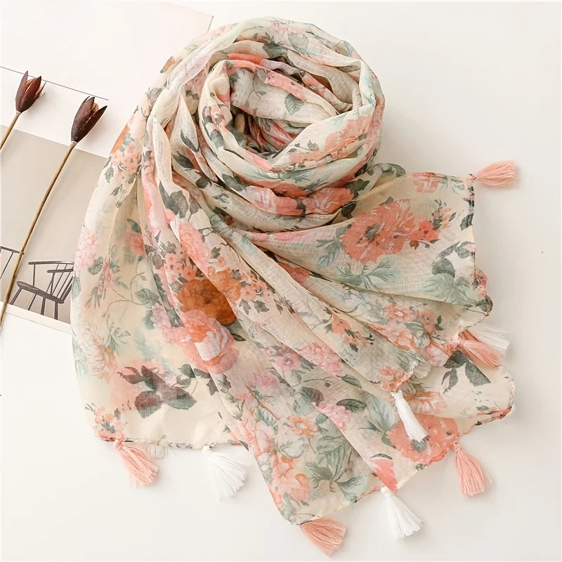2025 Floral Designer Women Scarf Luxury Cotton Linen Feeling Big Long Scarves Shawl Warm Gauze Wraps Tassel