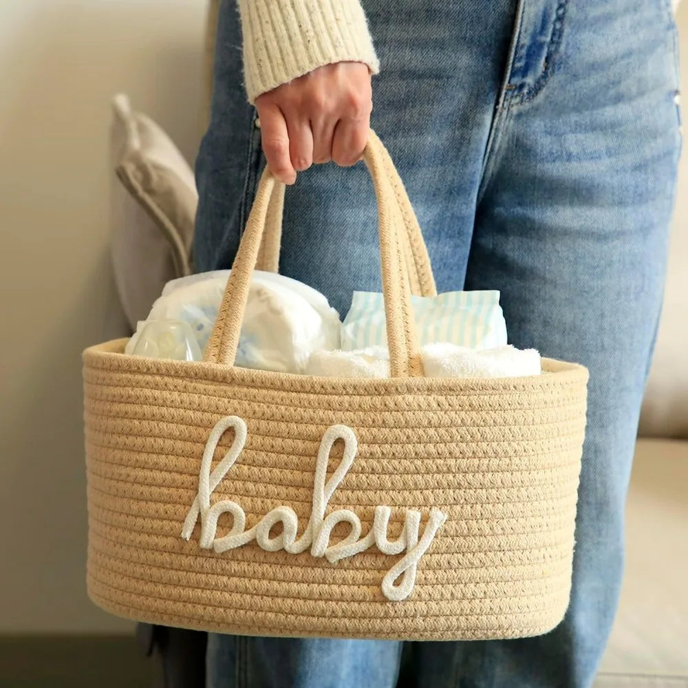 baby diaper caddy organizer, nursery storage bin basket for baby shower and baby wipes- cotton rope portable diaper bag for changing