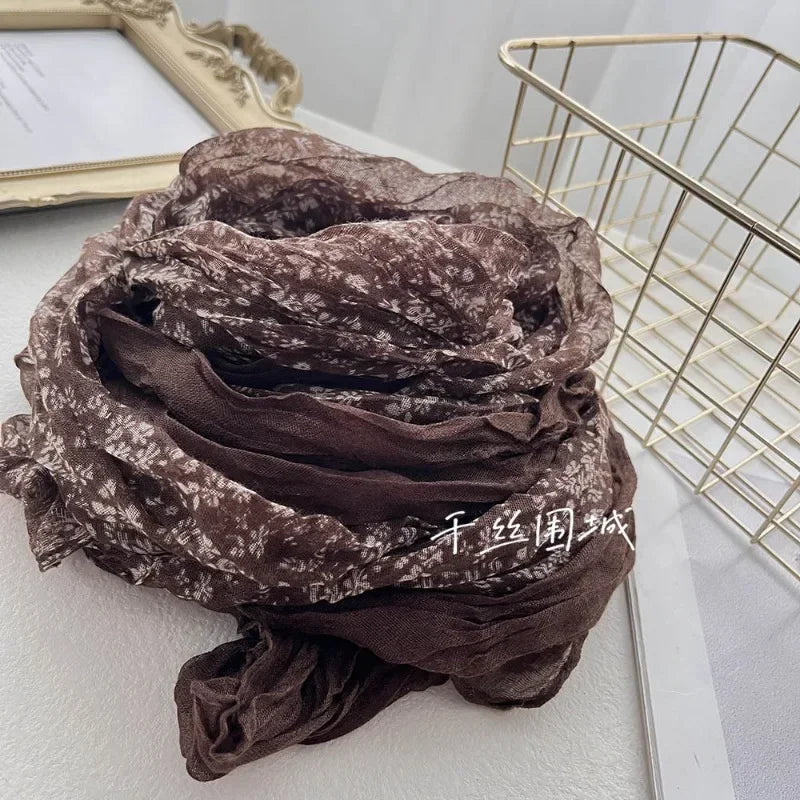 New Artistic Floral Retro Pleated Cotton Linen Scarf Thin Versatile Women's Scarves Paired Clothing Autumn Winter Fashion Trend