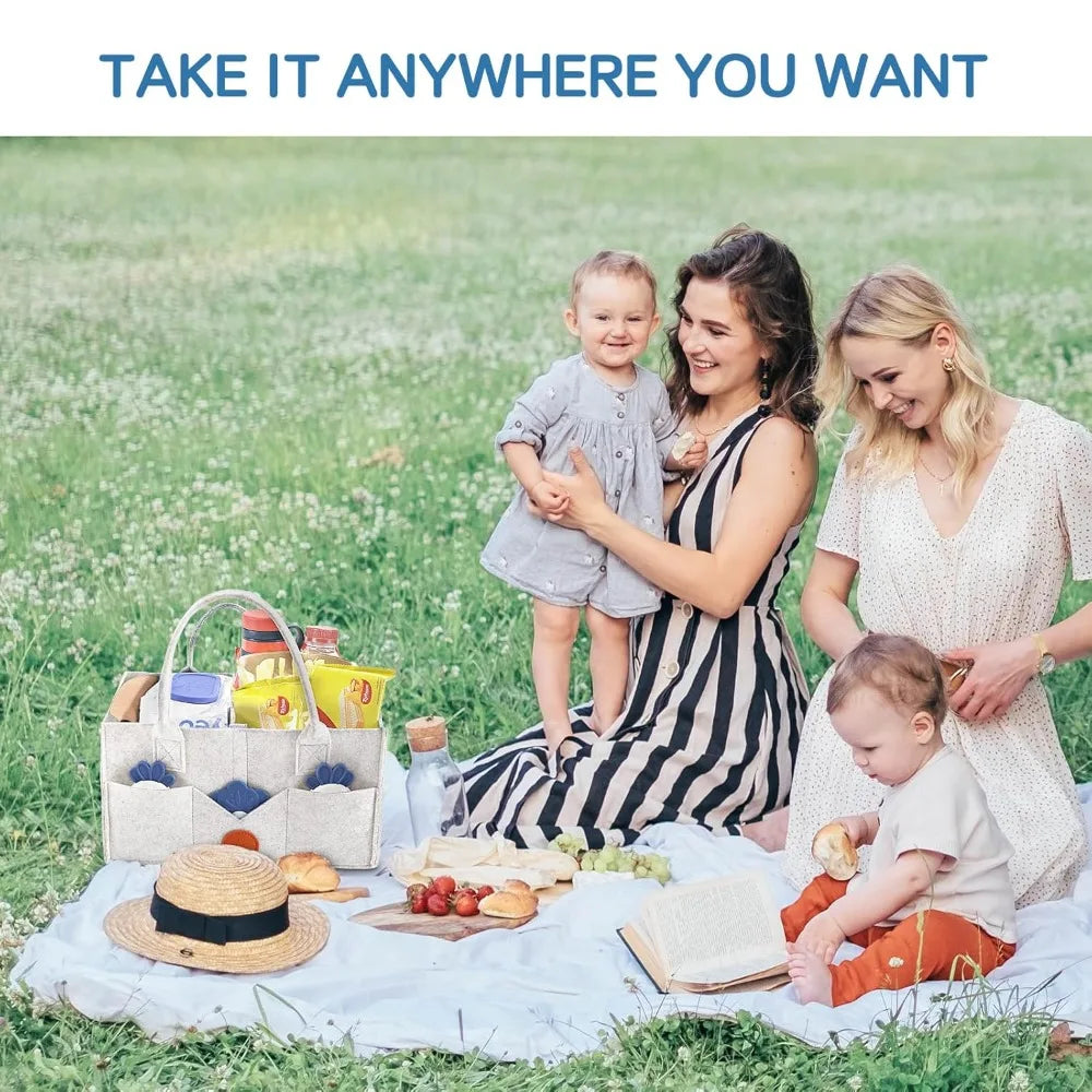 baby diaper caddy, nursery storage bin & car organizer with handle, large felt bag for newborn essentials boy or girl, changing