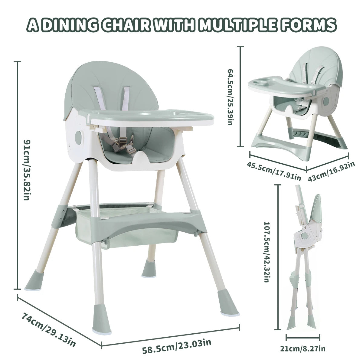 Foldable children's feeding chair, with multi-adjustable backrest, Can switch between high and low, Lightweight baby high chair