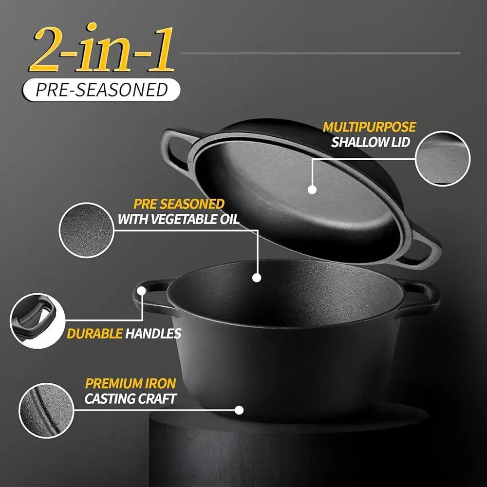 2-in-1 Pre-Seasoned Cast Iron Dutch Oven with Skillet Lid Cookware Set Cast Iron Cooking Pot with Handles