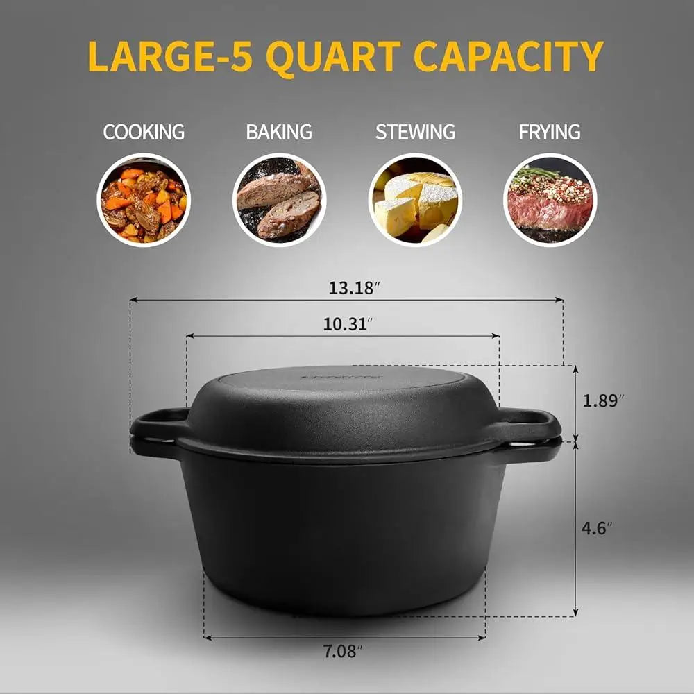 2-in-1 Pre-Seasoned Cast Iron Dutch Oven with Skillet Lid Cookware Set Cast Iron Cooking Pot with Handles