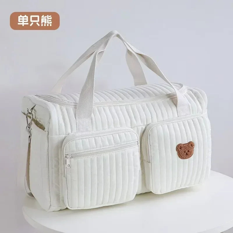 Baby Diaper Bag Cute Bear Flower Embroidery Pattern Mommy Bag Baby Beige Cotton Fabric Zipper Diaper Handbag Luggage Bag