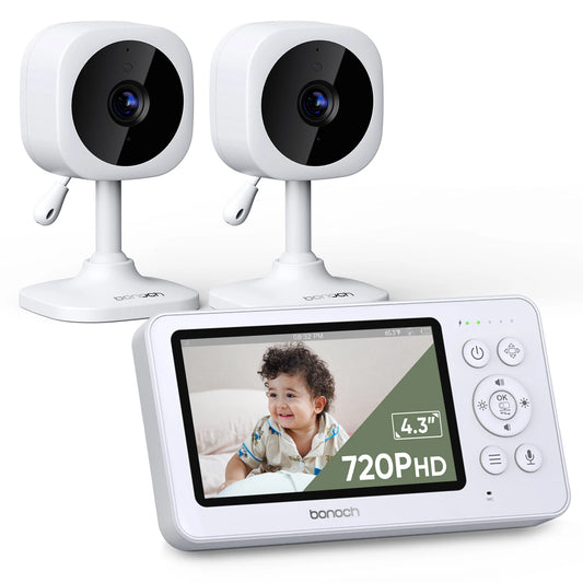 bonoch 4.3" Baby Monitor with 2 720p Video LCD Display Cameras with 23 Hour Battery, VOX Mode, 2-Way Audio, Auto Night Vision