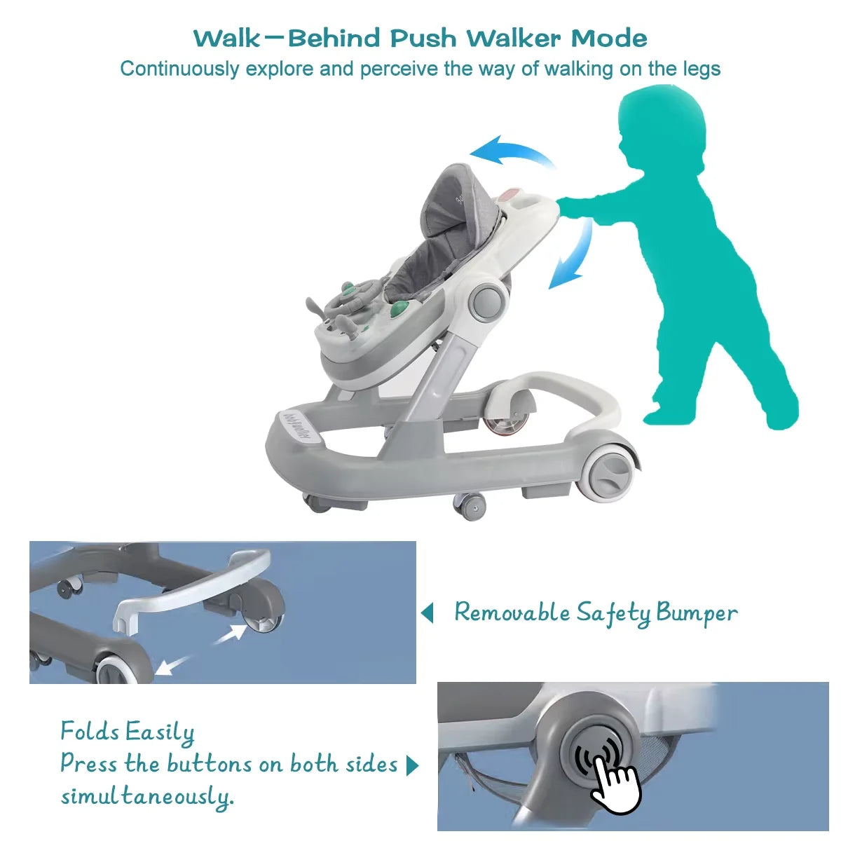 2-in-1 Baby Walker - Foldable, Height-Adjustable Push Cart with Anti-Roll Design , Stylish Baby Gear for 6-18 Months