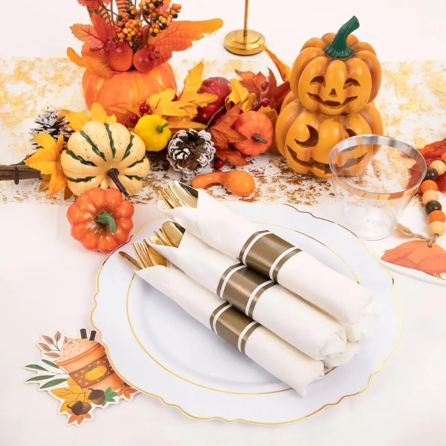 350PCS Gold Plastic Plates-Disposable White and Gold Plates 50guest Baroque Plastic Dinnerware include 100Plates, 50Pack Pre Rol