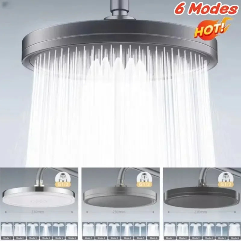 New 230mm Big Panel Showerhead 6 Mode Supercharge Rainfall Shower Head High Pressure Top Rain Shower Faucet Bathroom Accessories
