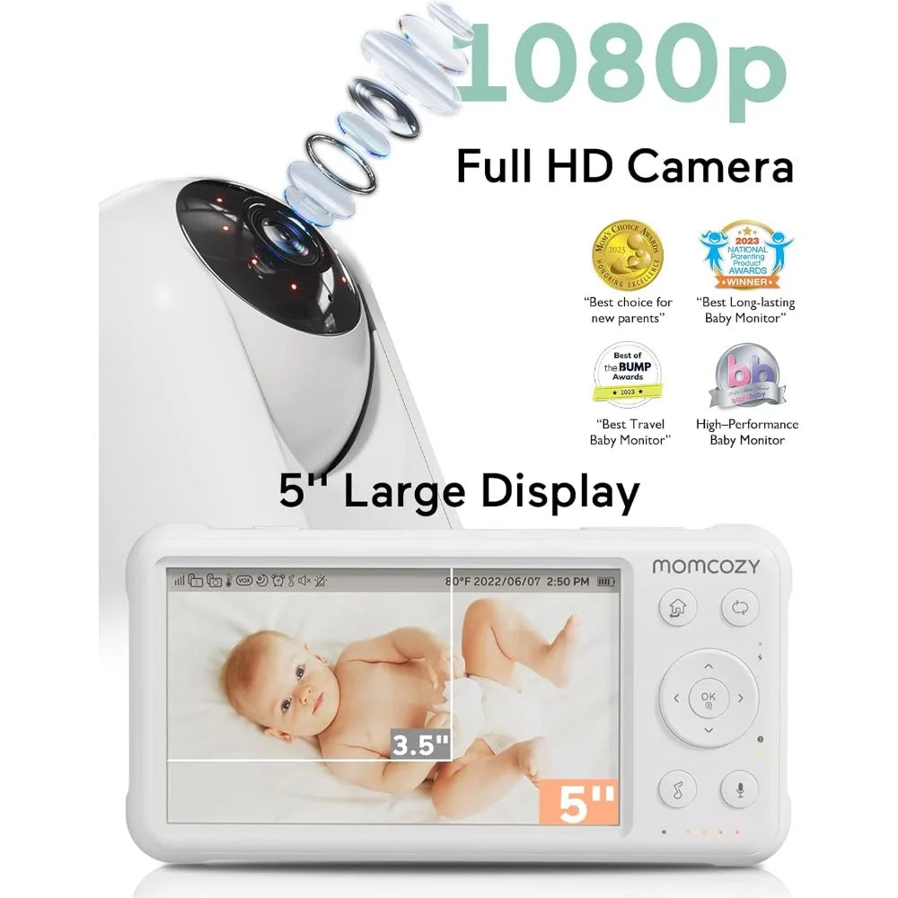 Baby Monitor with 2 Cameras 5’’ 1080P Split Screen Video Baby Monitor with Camera and Audio no WiFi for Baby Safety 5000mAh Bat