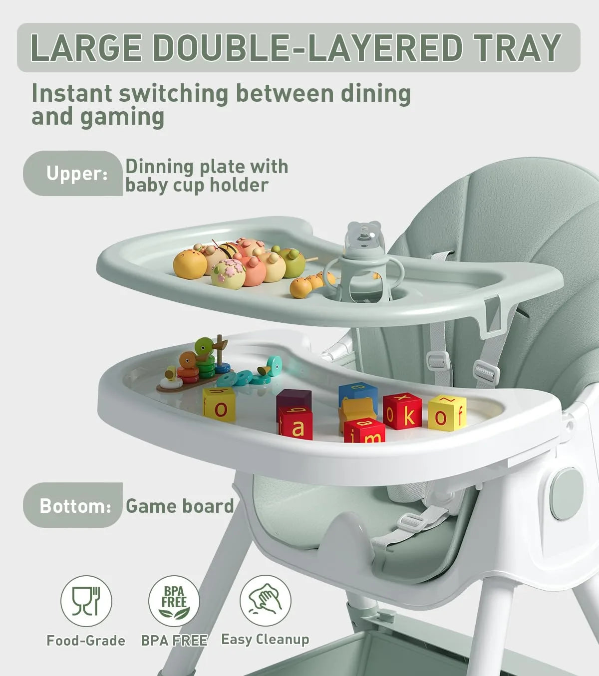 Foldable children's feeding chair, with multi-adjustable backrest, Can switch between high and low, Lightweight baby high chair