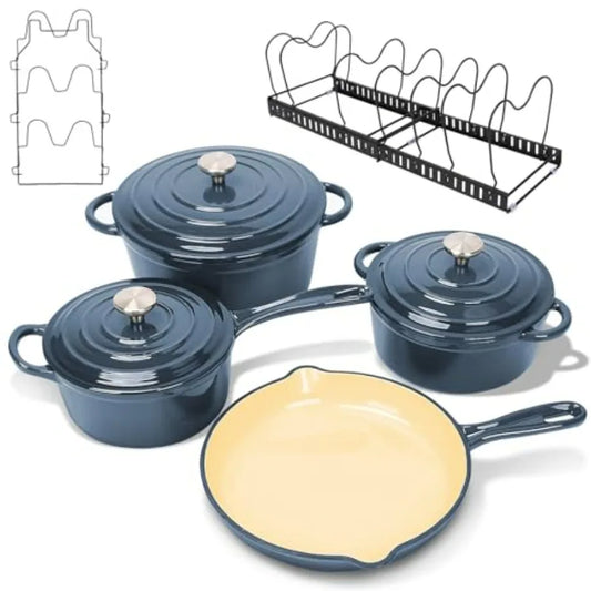 Nonstick Enameled Cast Iron Cookware Set 9 Pieces Dutch Oven Pot with Lid for Braising Stews Roasting Bread Baking Cooking Pot